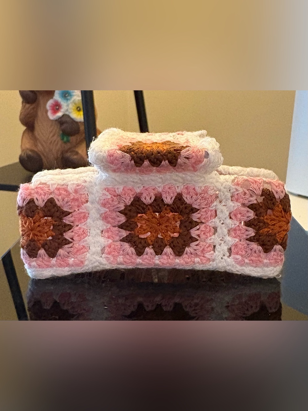 Hand crafted crochet Granny Square Hair Clip in Pink, Brown & White